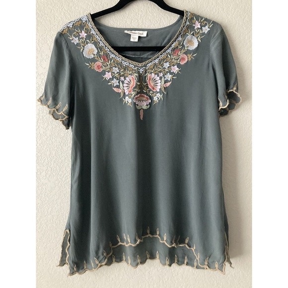 Coldwater Creek Tops - Coldwater Creek Grey Floral Embroidered Short Sleeve Top Blouse Tunic Boho Small